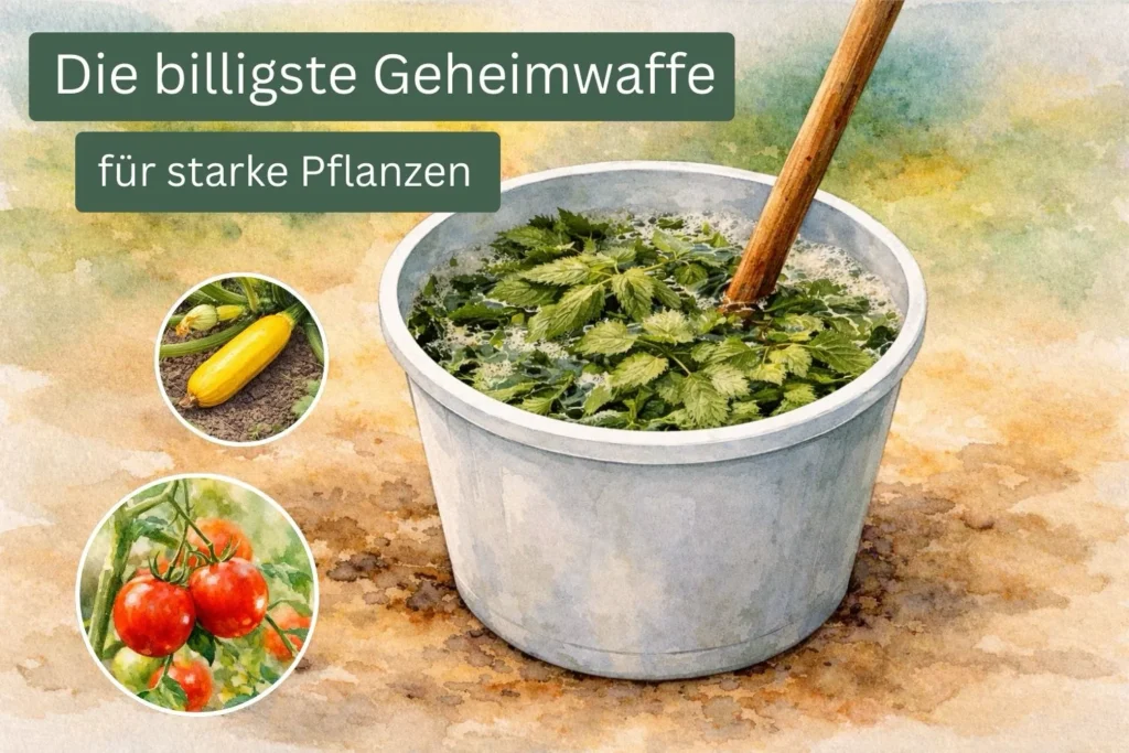 Brennnesseljauche in einem Eimer mit frischen Brennnesseln als natürlicher Dünger für Gemüsepflanzen