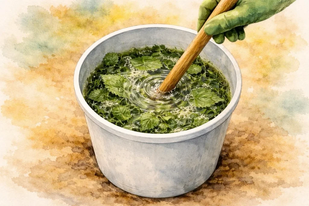 Brennnesseljauche wird mit Holzstab und Handschuh im Eimer umgerührt