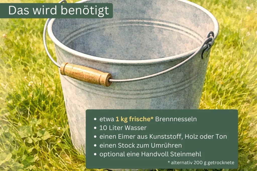 Material für Brennnesseljauche: Eimer, Brennnesseln, Wasser und Stock zum Umrühren