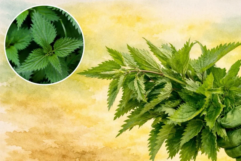 Frisch geerntete Brennnesseln in der Hand als Grundlage für Brennnesseljauche