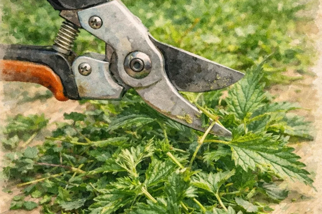Brennnesseln mit einer Gartenschere schneiden als Vorbereitung für Brennnesseljauche