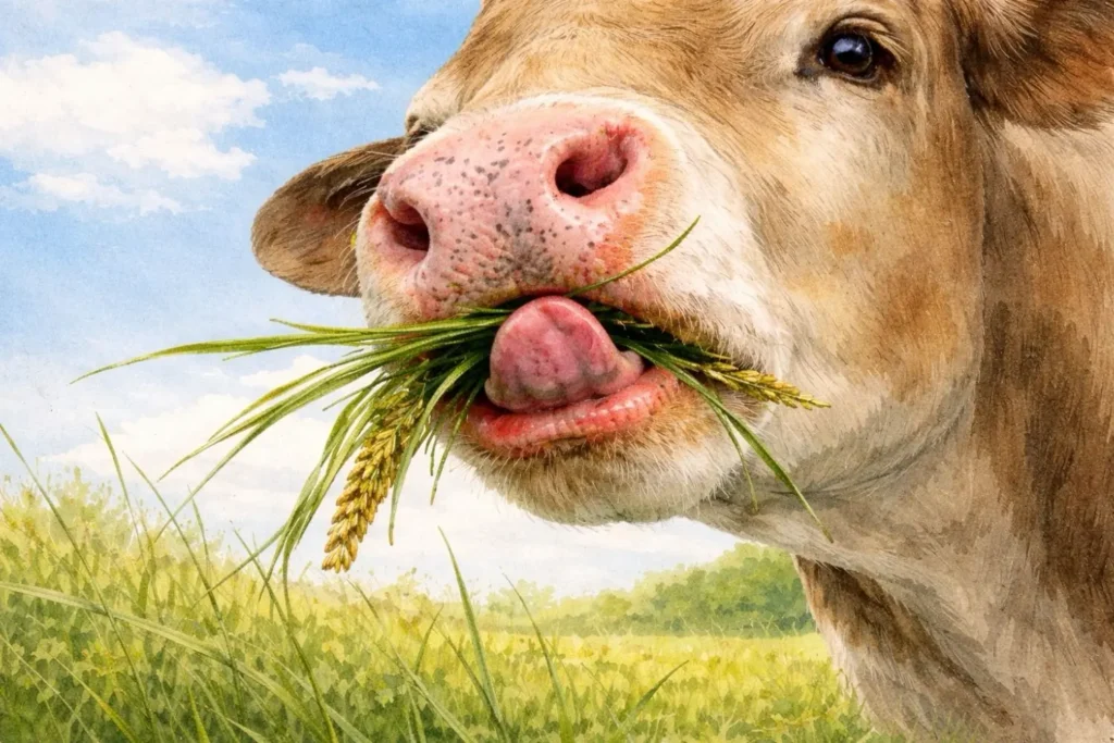 Kuh frisst Gras auf einer grasreichen Wiese – dominante Gräser verdrängen oft Wildblumen