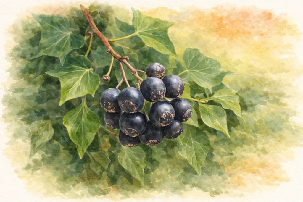 Dunkle Efeu-Beeren an einem Zweig mit typischen gelappten Blättern