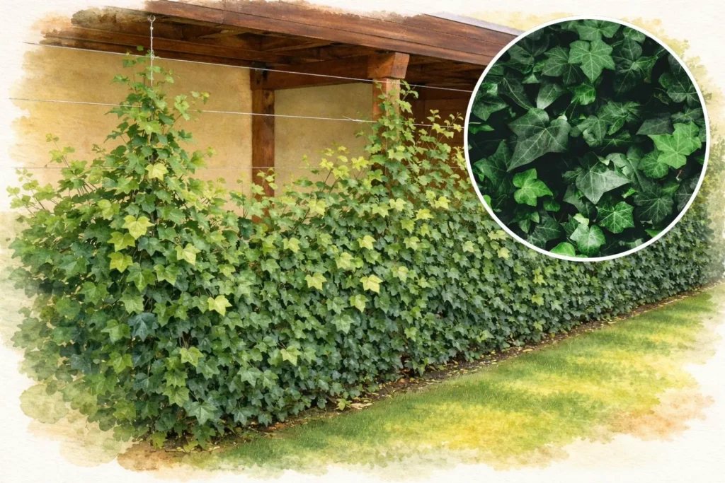 Efeu wächst dicht an einem Rankgerüst entlang als grüne Hecke