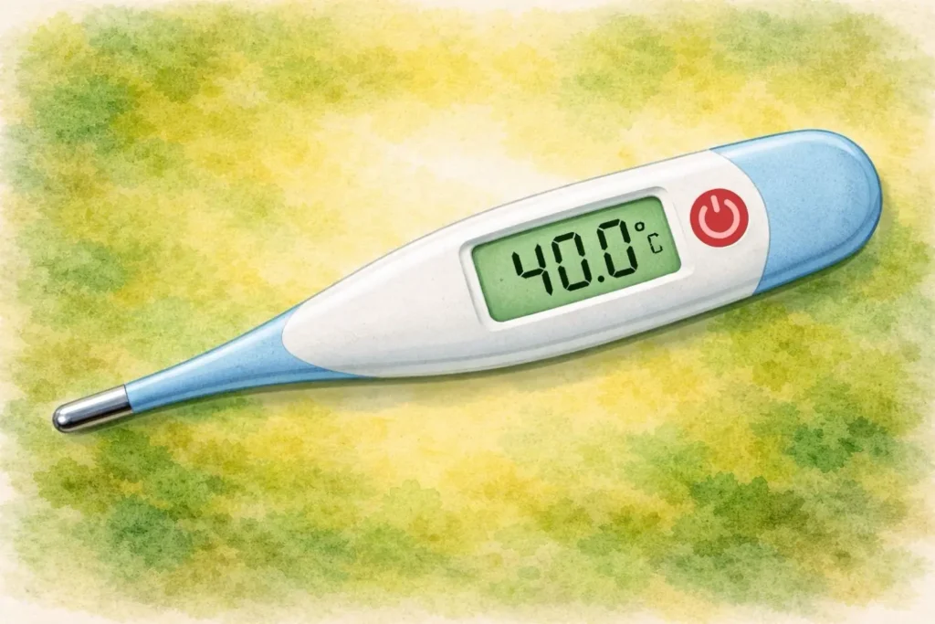 Digitales Thermometer zeigt erhöhte Körpertemperatur von 40 Grad