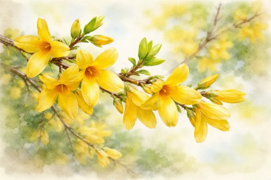 Forsythienzweig mit gelben Blüten als Zeichen für den richtigen Zeitpunkt zum Rosenschneiden