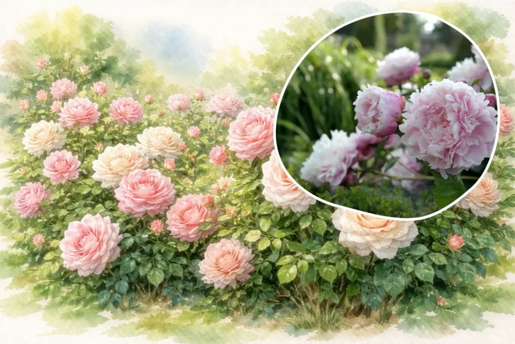 Gefüllte Rosenblüten im Garten mit Detailfoto einer stark gefüllten Blüte