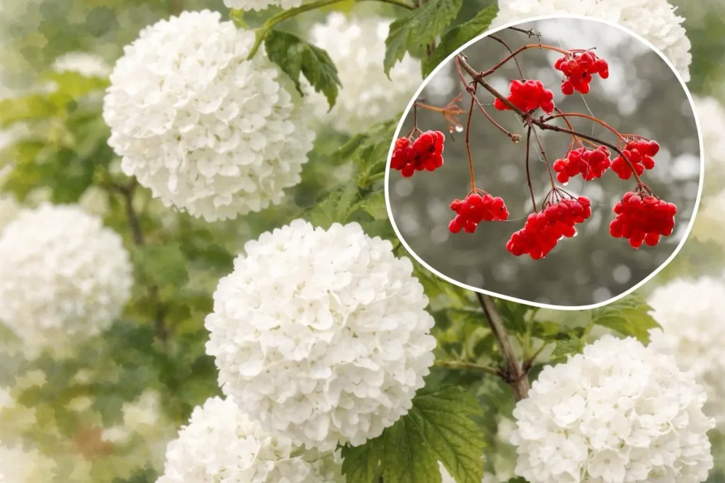 Blüten des Gemeinen Schneeballs (Viburnum opulus) mit weißen Blütenbällen und roten Beeren als wichtige Nahrung für Insekten und Vögel