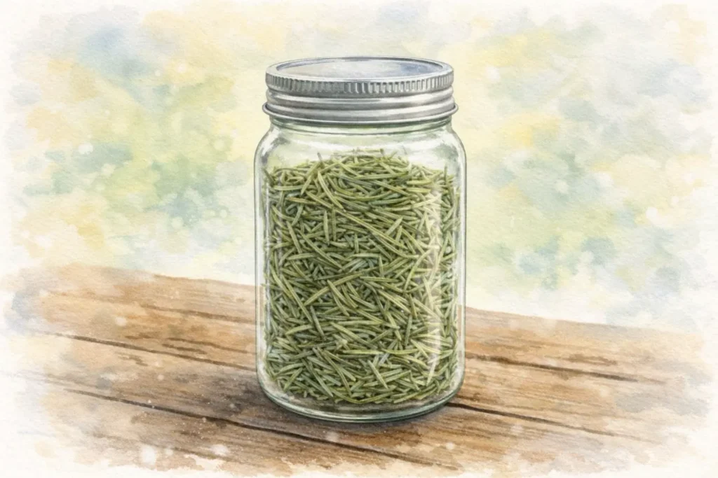 Getrocknete Rosmarinnadeln in einem Schraubglas auf einem Holztisch