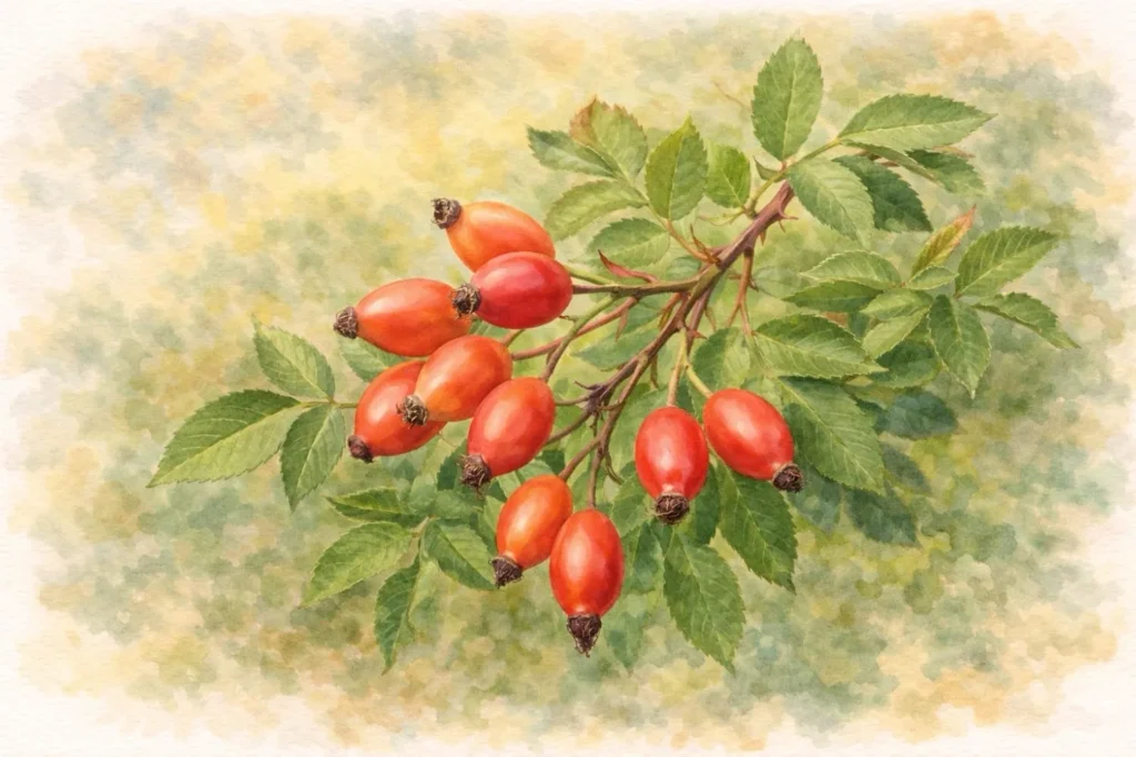 Rote Hagebutten an einem Zweig mit gefiederten Blättern