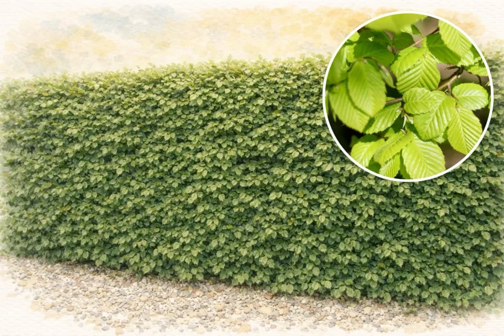 Dichte Hainbuchen-Hecke mit frischen grünen Blättern und Blattdetail