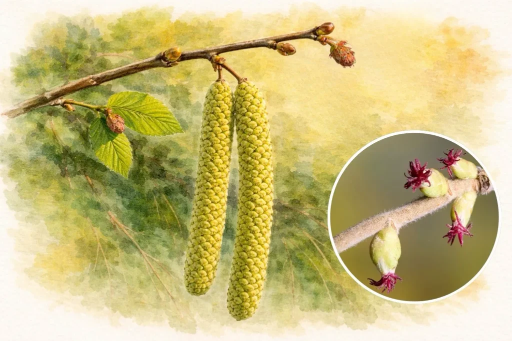 Gelbliche Haselkätzchen hängen an einem Zweig im Aquarellstil