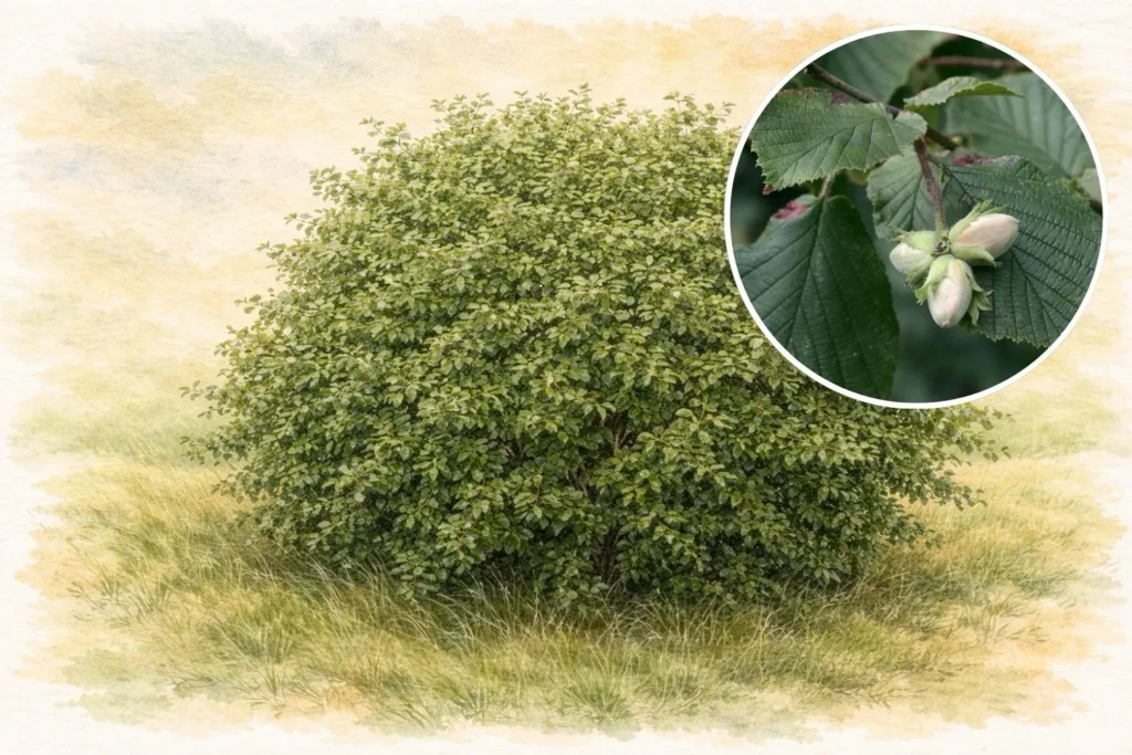 Buschiger Haselstrauch mit grünen Blättern und unreifen Haselnüssen