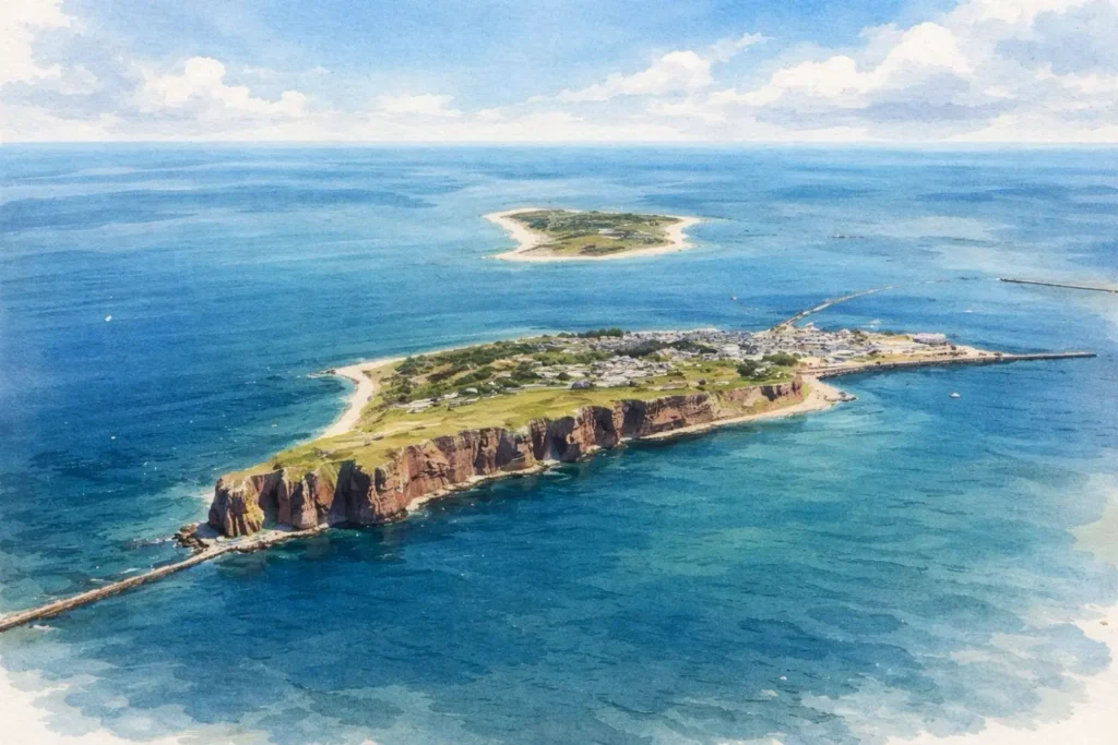 Luftansicht der Nordseeinsel Helgoland mit roter Felsküste und der Nachbarinsel Düne