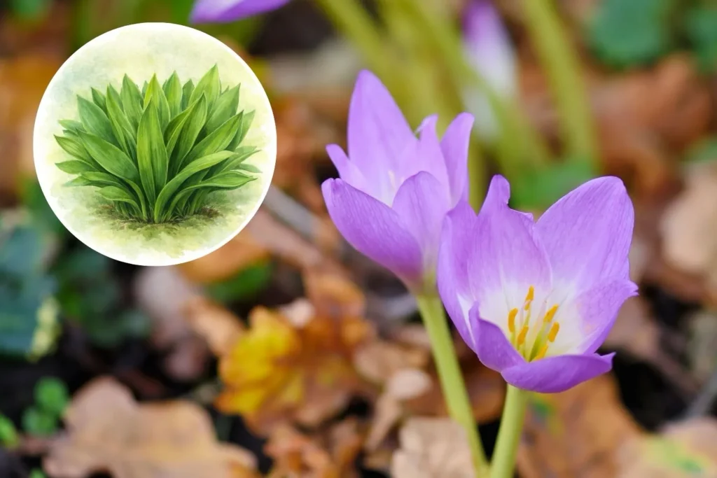 Herbstzeitlose mit lila Blüte im Herbst zwischen Laub am Boden
