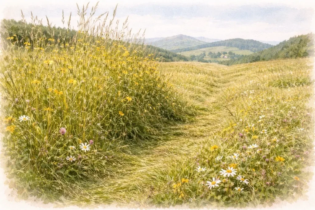 Ungemähte Wiese mit hohem Gras als typischer Lebensraum für Zecken