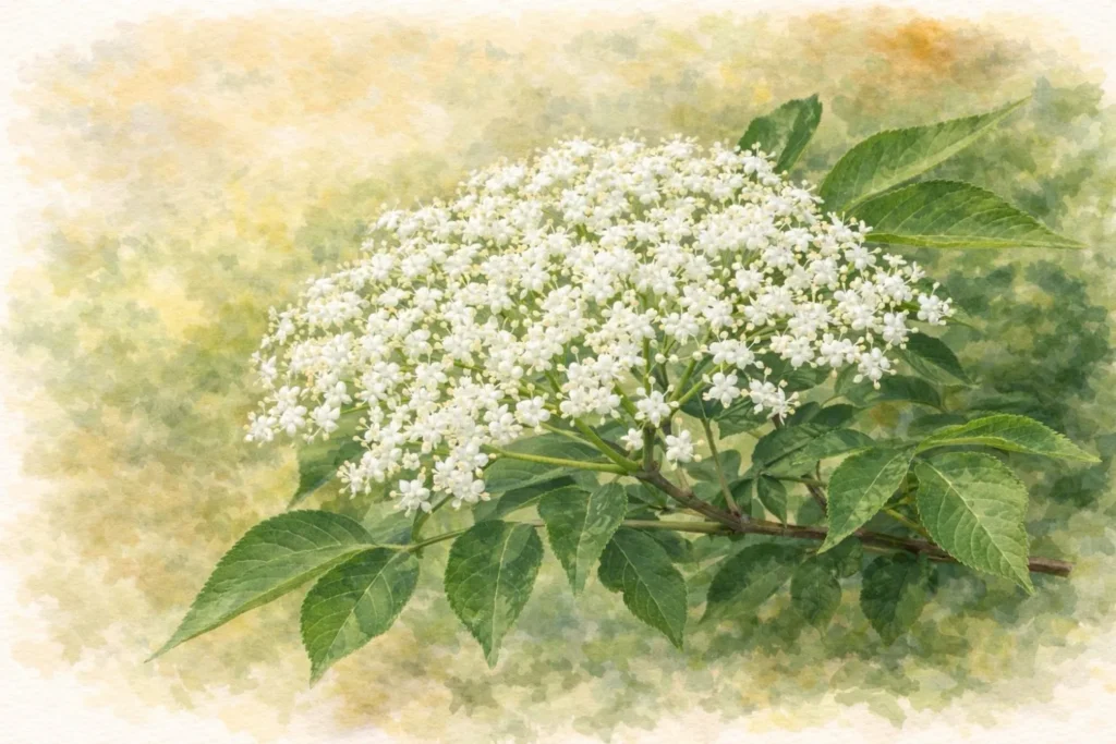 Große weiße Holunderblüte mit gefiederten Blättern im Aquarellstil