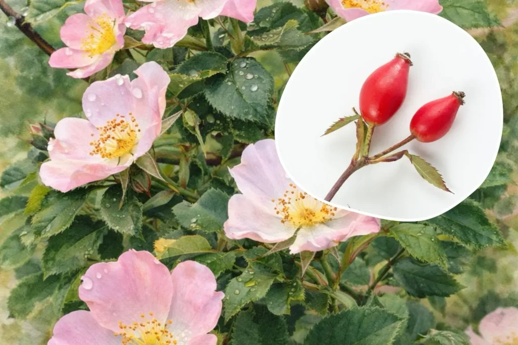 Blüten der Hundsrose (Rosa canina) mit offenen Staubgefäßen und Hagebutten als Nahrung für Insekten und Vögel