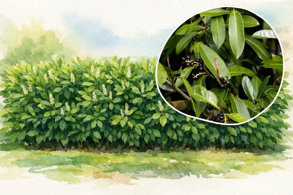 Kirschlorbeer-Hecke im Garten mit Detailaufnahme der Blätter und Beeren