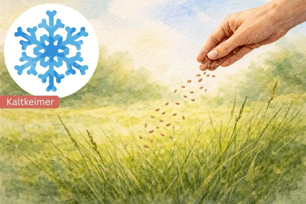 Aussaat des Kleinen Klappertopfs (Rhinanthus minor) in eine Wiese – Samen werden breitwürfig ausgestreut