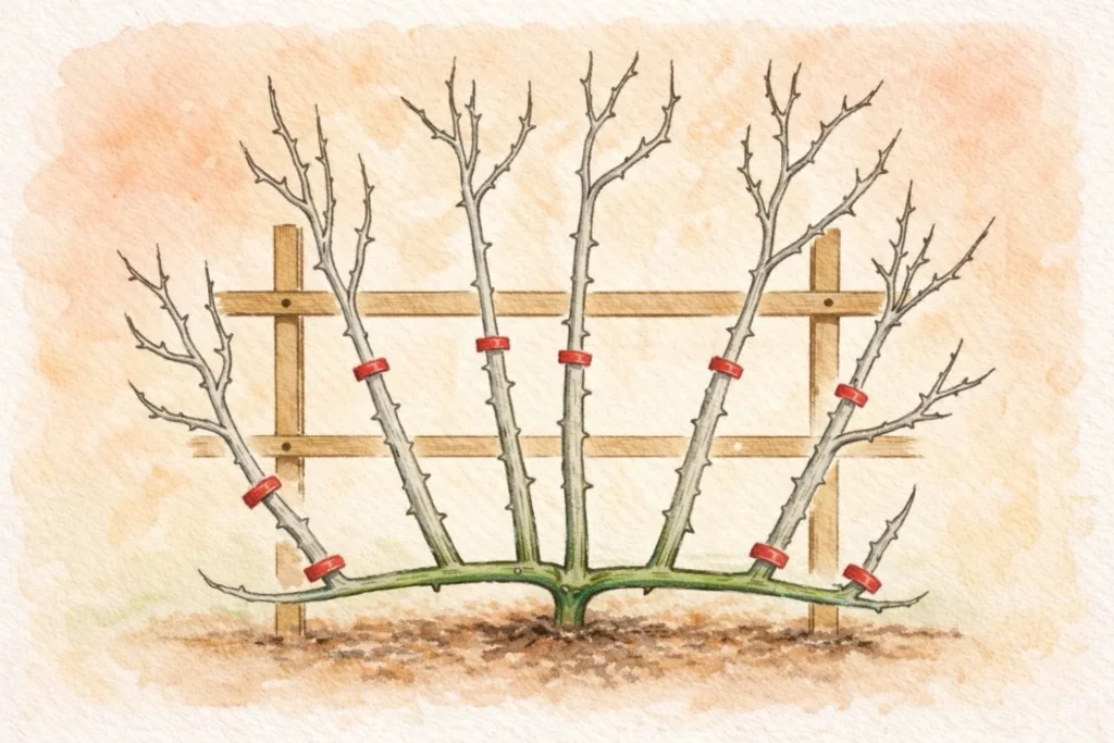 Kletterrose am Spalier mit eingekürzten Seitentrieben