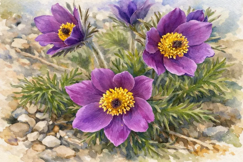 Aquarellillustration violetter Kuhschellenblüten mit gelbem Zentrum