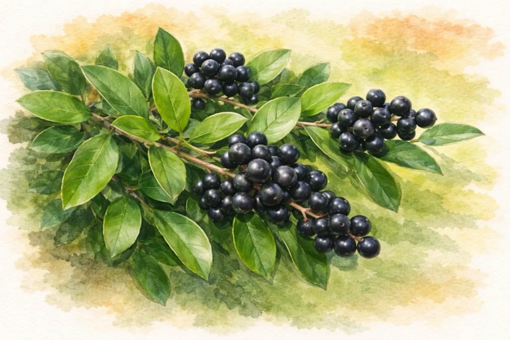 Schwarze Beeren am Liguster mit grünen Blättern im Aquarellstil