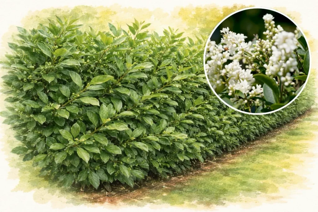 Dichte Liguster-Hecke mit weißen Blüten im Detail