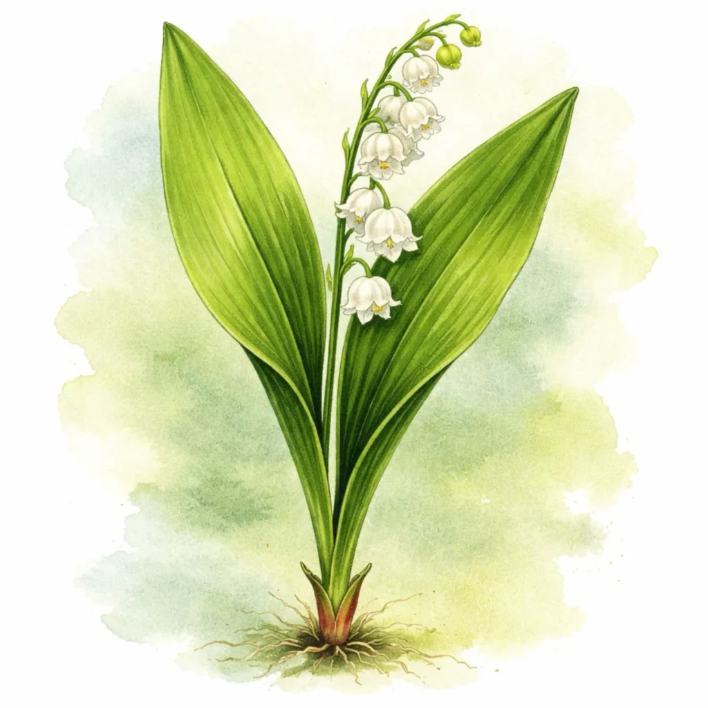 Aquarellillustration eines Maiglöckchens mit Blättern und weißen Blüten