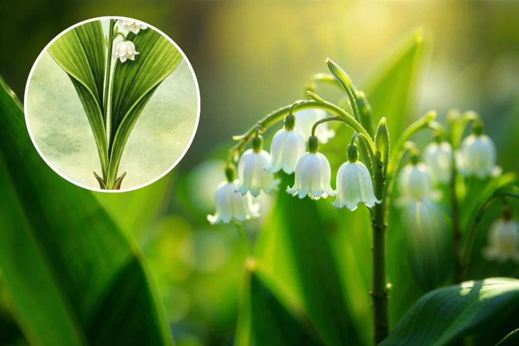 Maiglöckchen mit weißen glockenförmigen Blüten und breiten grünen Blättern im Wald