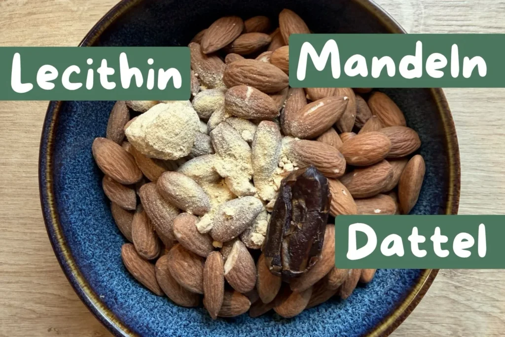Zutaten für Mandelmilch mit Mandeln Dattel und Lecithin