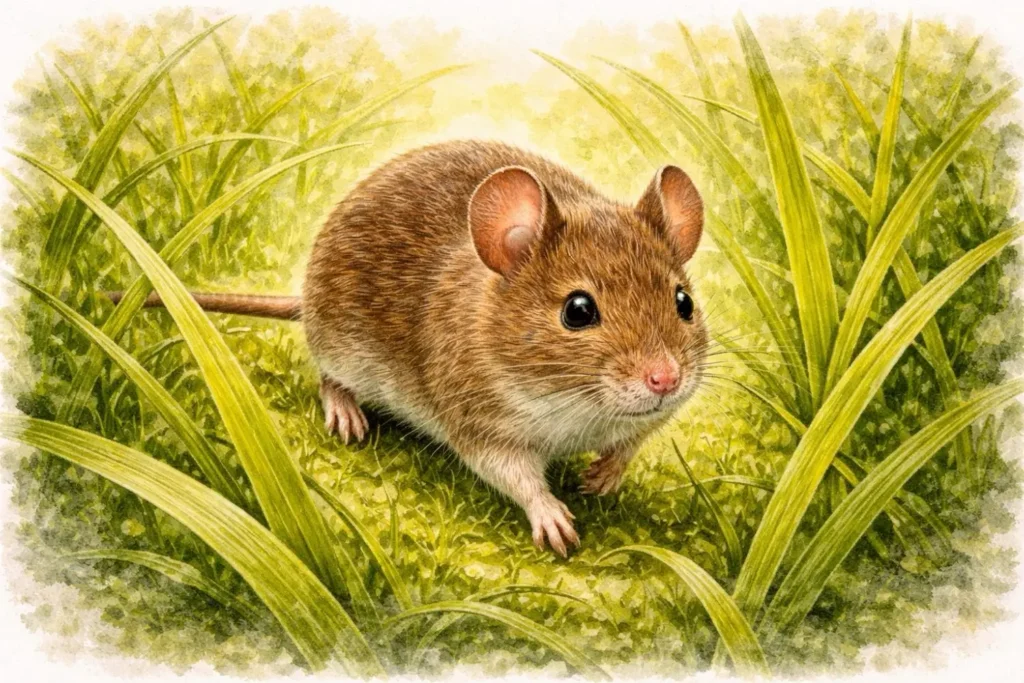 Maus läuft durch hohes Gras und dient als Wirtstier für Zecken