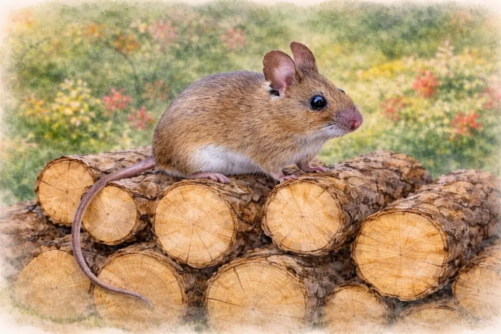 Kleine Maus sitzt auf Holzstämmen – typisches Wirtstier für Zecken