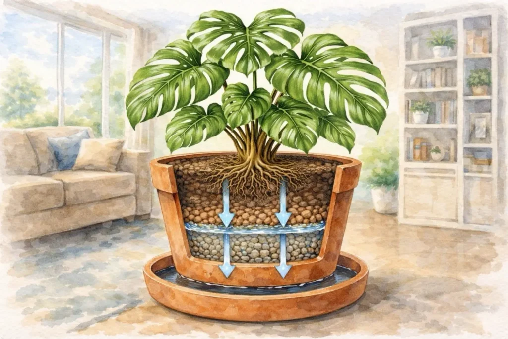 Aquarell-Illustration einer Monstera im Wohnzimmer, Topf im Querschnitt mit mineralischem Substrat und Drainageschicht