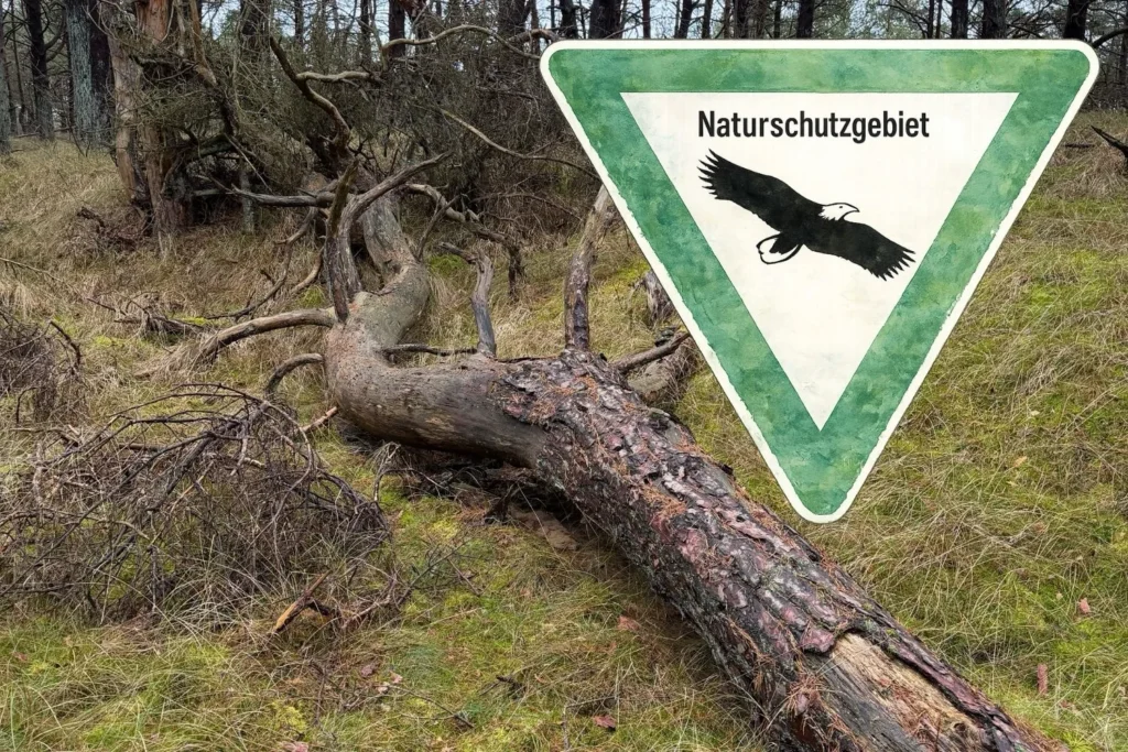 Schild für Naturschutzgebiet im Wald mit liegendem Baum