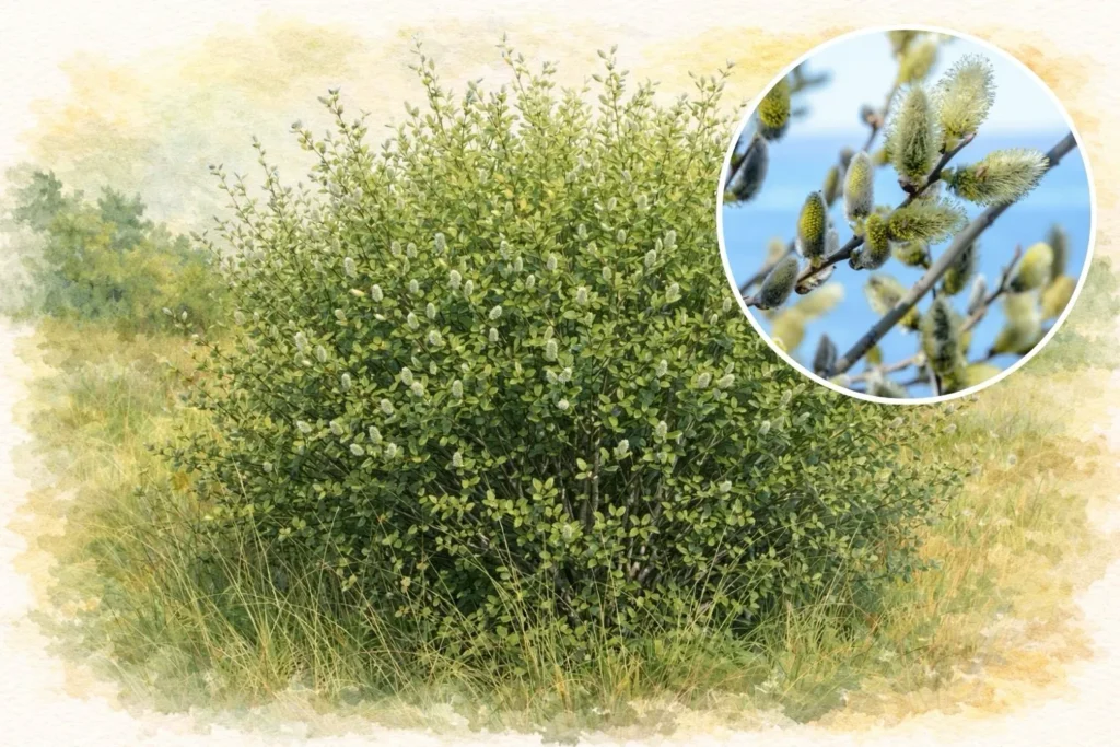 Buschige Ohr-Weide in natürlicher Wuchsform auf einer Wiese