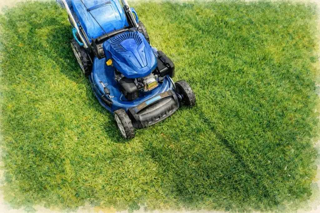 Rasenmäher fährt über kurzen Rasen – Maßnahme zur Reduzierung von Zecken im Garten