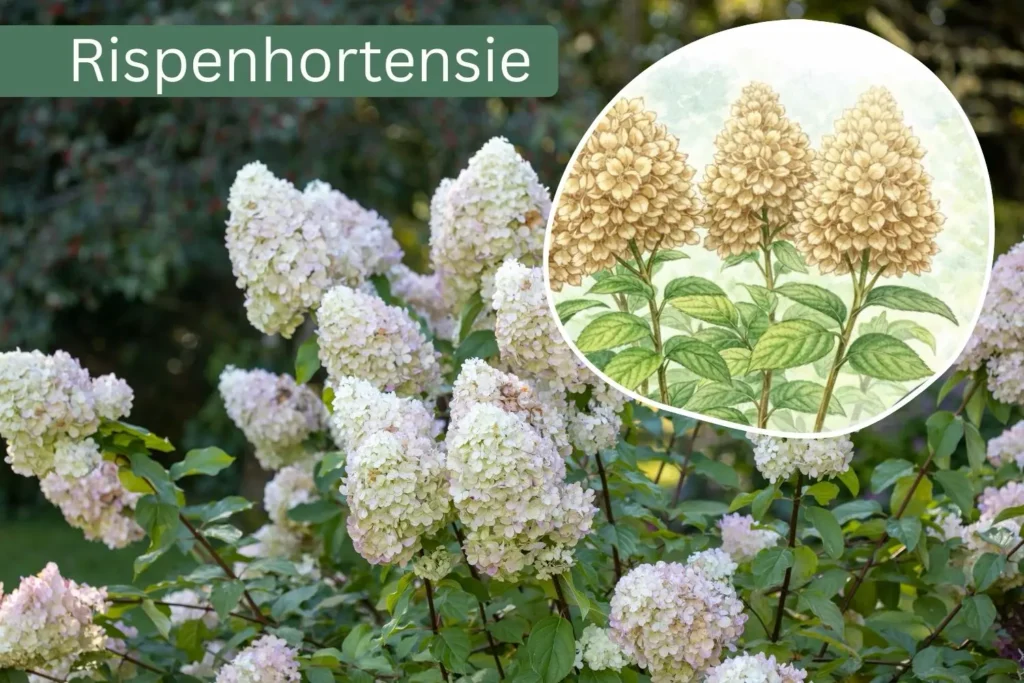 Rispenhortensie (Hydrangea paniculata) mit weißen rispenförmigen Blüten im Garten