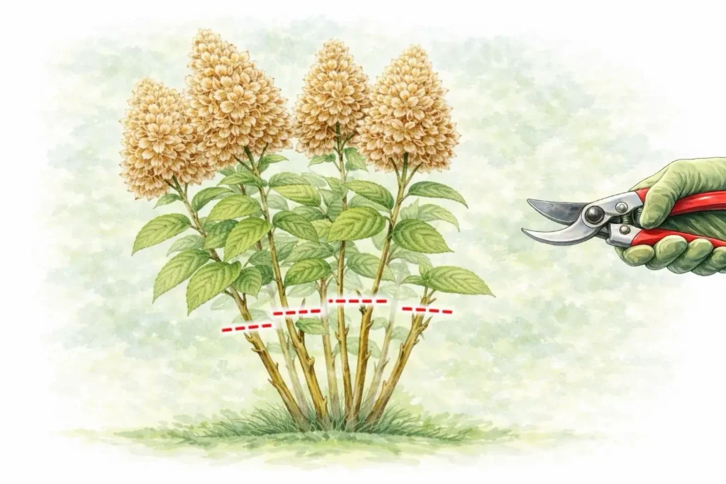 Rispenhortensie im Frühjahr kräftig zurückschneiden – Triebe etwa auf 20 bis 30 cm einkürzen