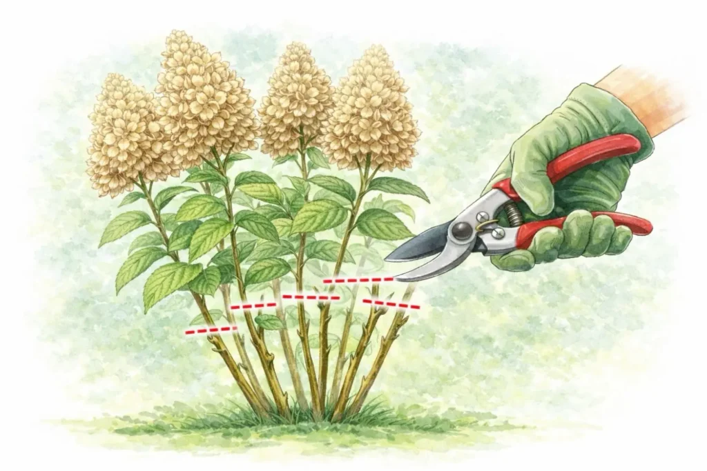 Rispenhortensie im Frühjahr kräftig zurückschneiden – Triebe etwa auf 20 bis 30 cm einkürzen