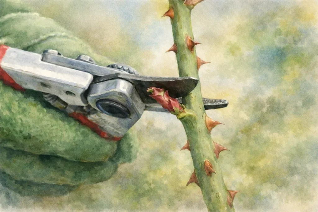 Rosentrieb wird mit Gartenschere knapp über einer Knospe geschnitten