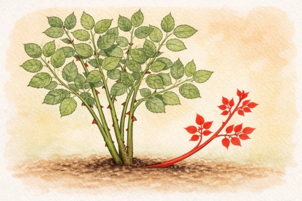 Aquarellillustration einer Rose mit rotem Wildtrieb, der unterhalb der Veredelungsstelle aus dem Boden wächst.