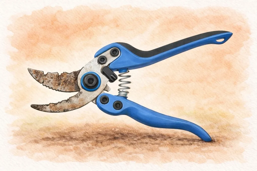 Rostige Gartenschere mit beschädigter Klinge