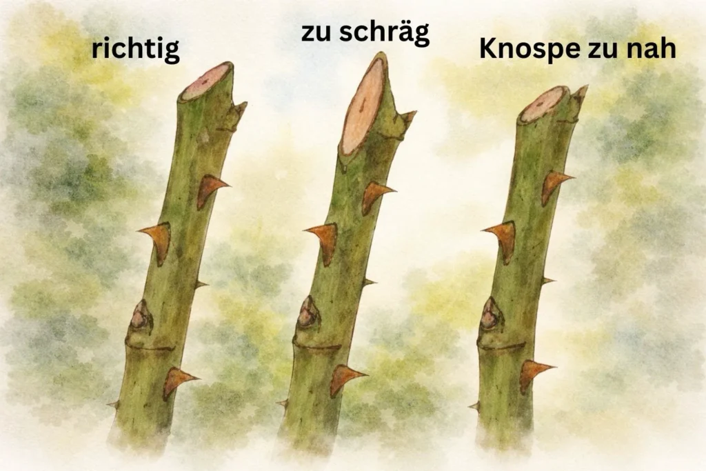 Vergleich verschiedener Rosenschnitte oberhalb einer Knospe