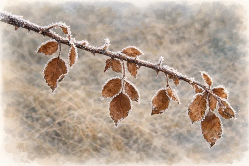 Rosentrieb mit Frost und vereisten Blättern
