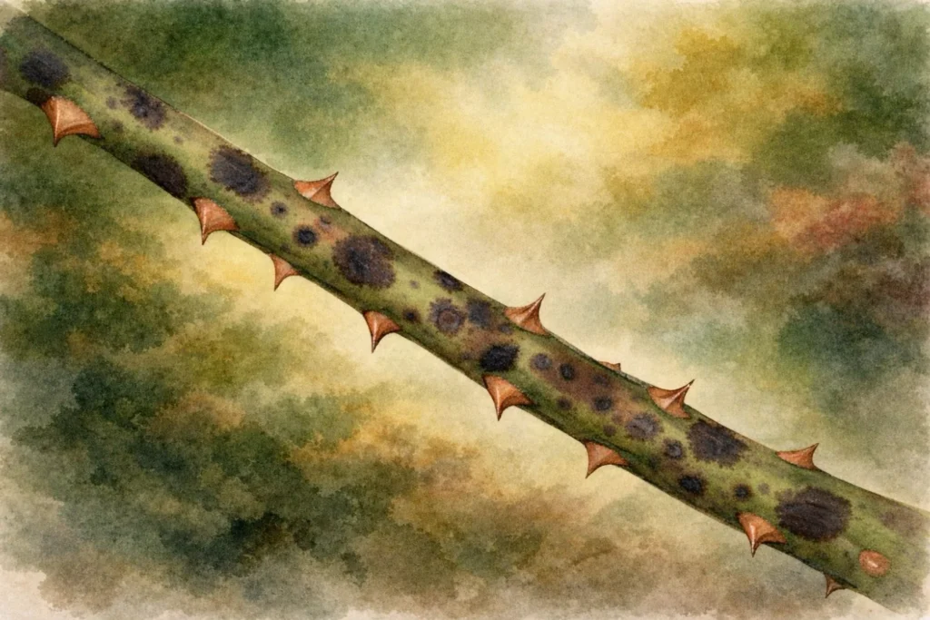 Rosentrieb mit schwarzen Flecken auf der Rinde