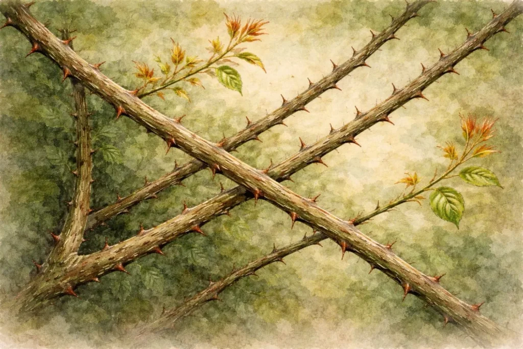 Zwei sich kreuzende Rosentriebe