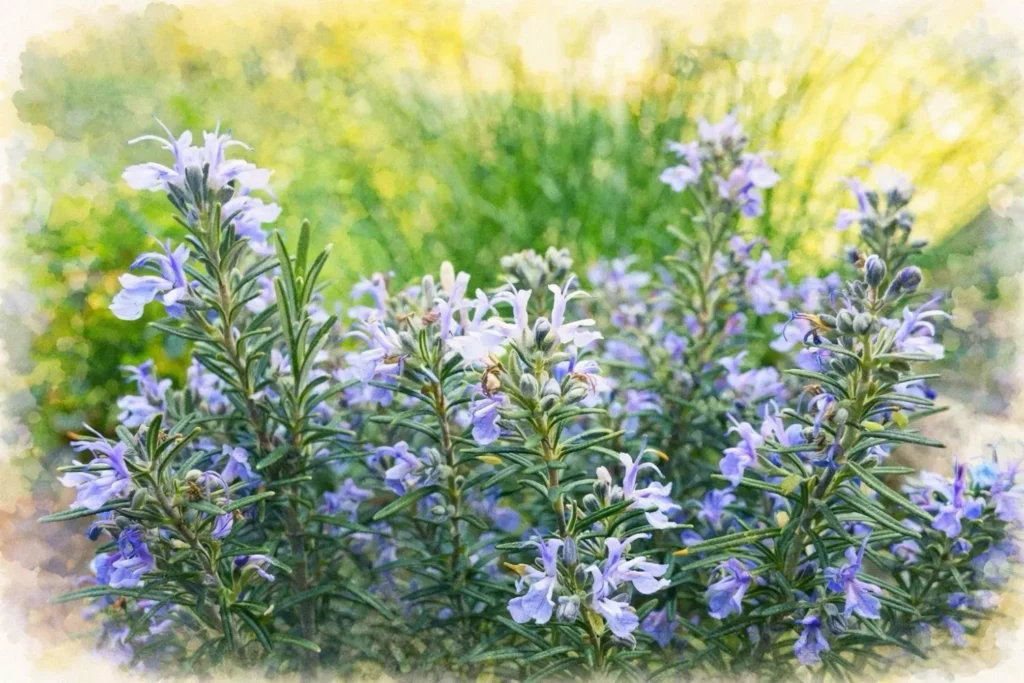 Blühender Rosmarin mit hellblauen Blüten im Garten