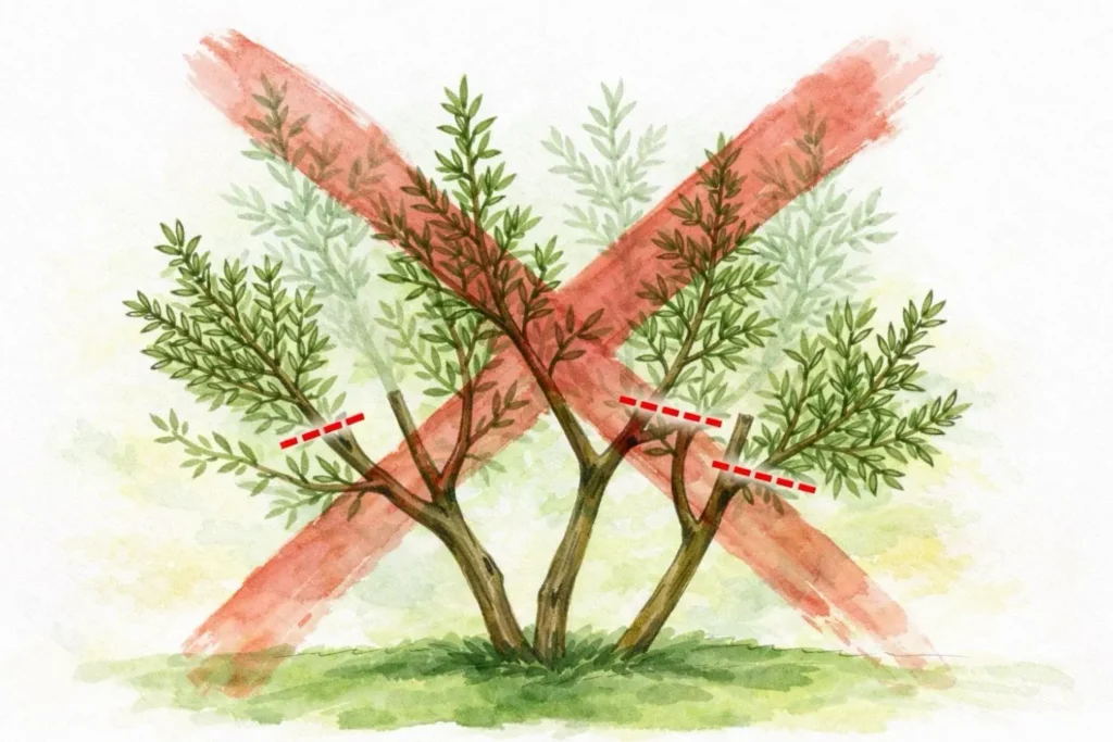 Illustration zeigt falschen Rosmarin-Schnitt ins alte Holz mit rotem Kreuz