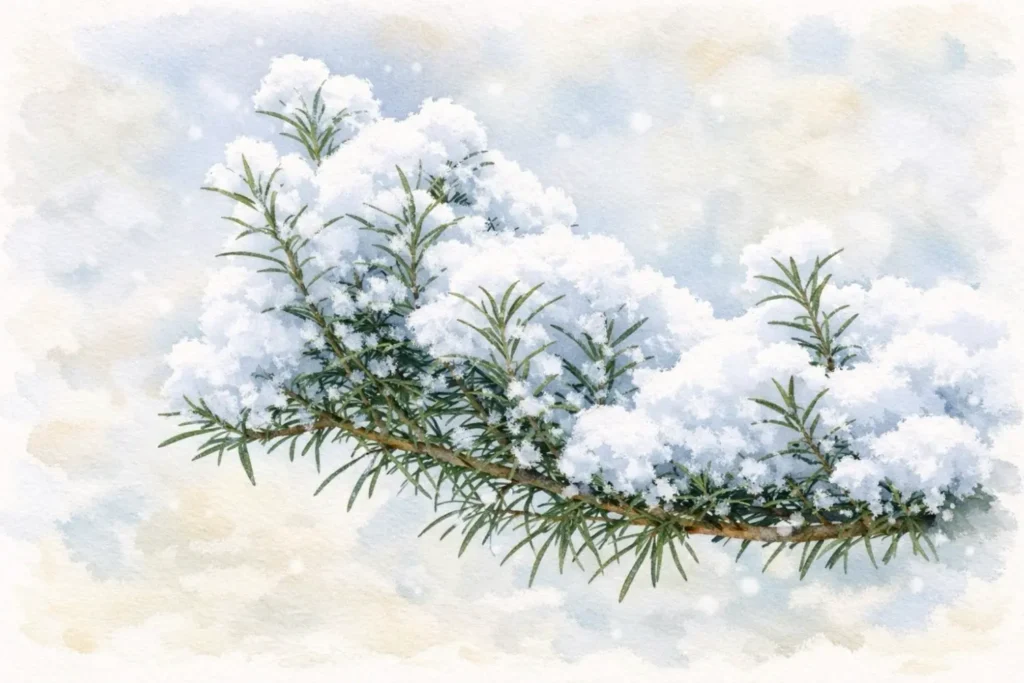 Rosmarinzweig im Winter mit Schnee bedeckt vor zartem Aquarellhintergrund